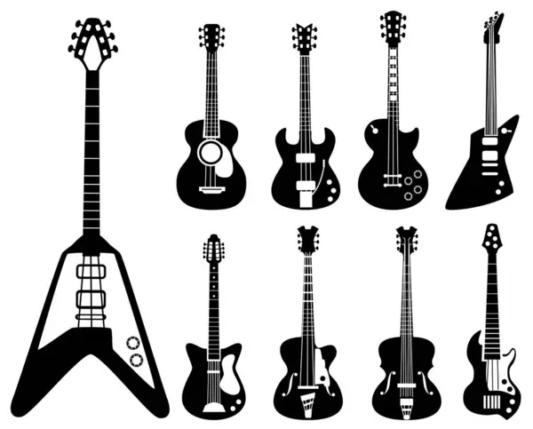 Σκιαγραφίες Κιθάρας Μουσικά Όργανα Μαύρα Ακουστικά Σύμβολα Και Ροκ Κιθάρες — Διανυσματικό Αρχείο