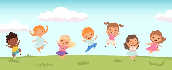 Mutlu Zıplayan Çocuklar Çayırda Oynayan Zıplayan Komik Çocuklar Küçük Insanlar — Stok Vektör