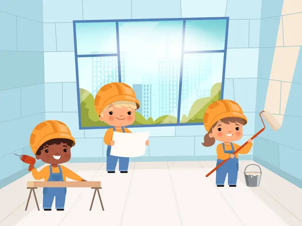 Des Constructeurs Enfants Funny Jeunes Gens Constructeurs Grue Mur Briques — Image vectorielle