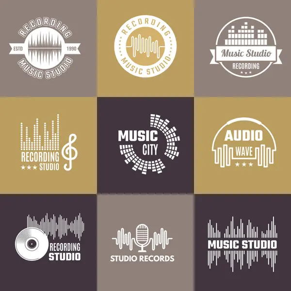 Musical Logo Audio Studio Badges Sound Waves Shapes Vector Template — Stock Vector