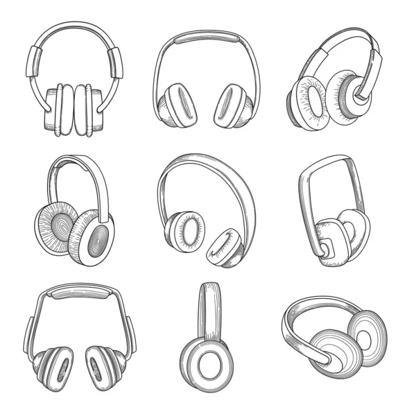 Musik Kopfhörer Elektronische Technologie Verschiedene Gadgets Vektor Skizzen Gesetzt Musik — Stockvektor