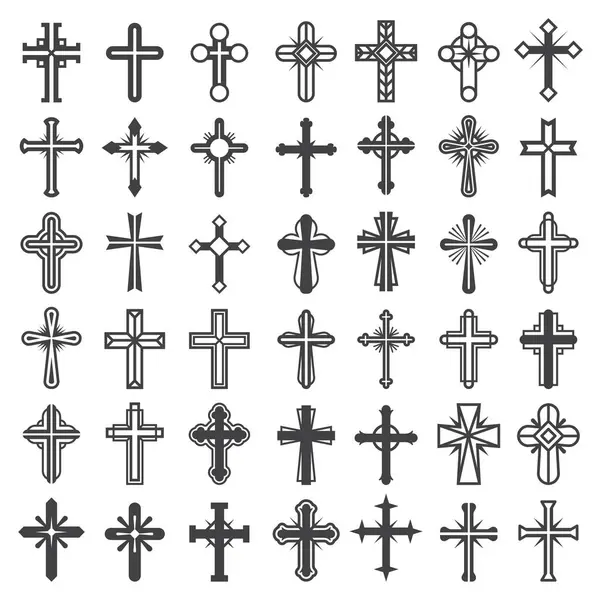 Simboli Della Croce Religiosa Cristiani Icone Del Cattolicesimo Tribale Collezione — Vettoriale Stock