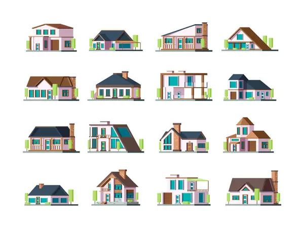 Residential House Village Building Exterior Modern Townhouses Vector Collection Set — Stock Vector