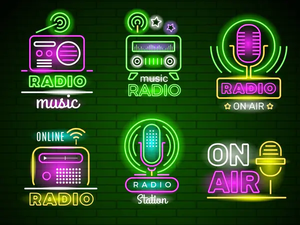 Logo Radiografico Stile Neon Colorato Business Music Broadcast Emblema Live — Vettoriale Stock