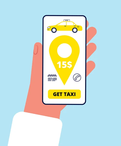 Ordine Taxi Online Smartphone App Tenendo Mano Telefono Premere Pulsante — Vettoriale Stock