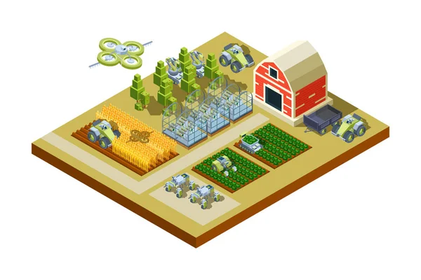 Smart Farm Buildings Big Household Agriculture Machinery Feed Tractors Harvesters — Stock Vector
