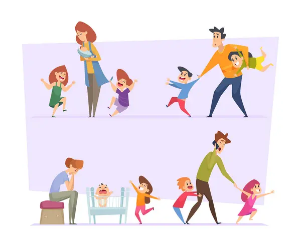 Grande Famille Des Parents Fatigués Avec Des Enfants Actifs Amusants — Image vectorielle