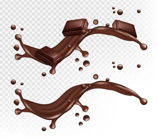 Salpicaduras Chocolate Onda Café Realista Bebidas Marrones Cacao Aislado Flujo — Vector de stock