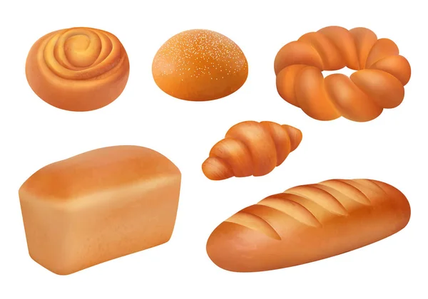 パンは現実的だベーカリー食品新鮮な試飲製品フランスのローフバゲットパンベクトル朝食画像 ベーカリーパンフードコレクションイラスト ローフリアルな — ストックベクタ