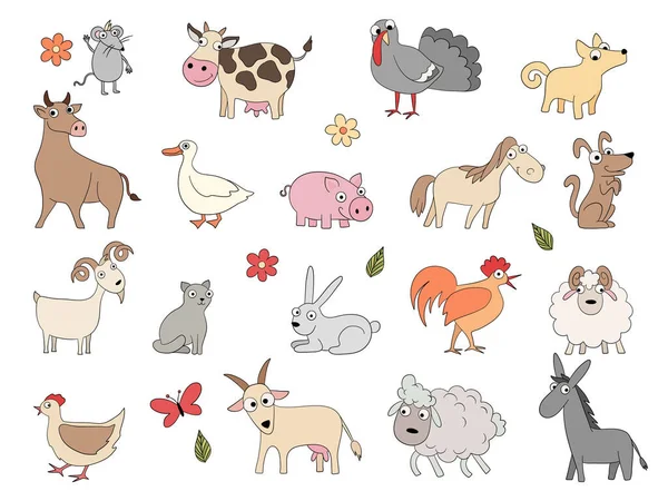 Animais Domésticos Bonito Engraçado Fazenda Cavalo Porco Frango Pato Bool —  Vetores de Stock