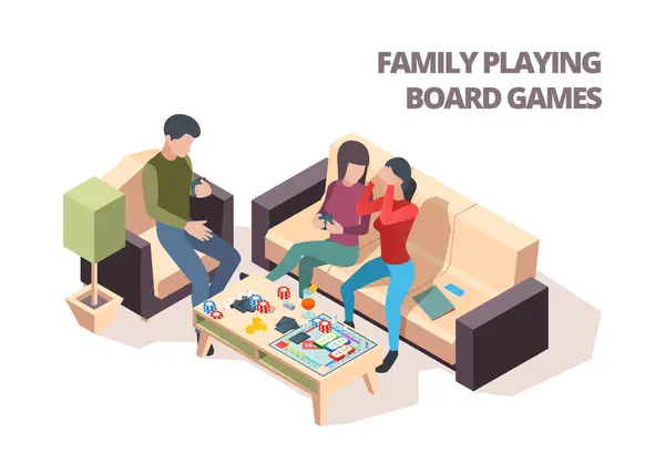 Family Playing Board Game Cards Monopoly Chess Home Leisure Playing — Stock Vector