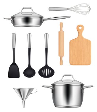 Mutfak aletleri. Çelik tencere ızgara bıçakları yemek vektörü gerçekçi görüntüler oluşturmak için kullanılıyor. Resimli mutfak, çelik çatal bıçak, mutfak gereçleri.