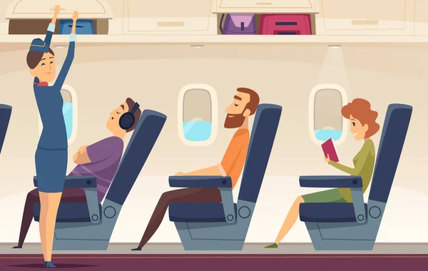 Passengers Airplane Stewardess Avia Service Tourism Aviation Vector Cartoon Background — Stock Vector