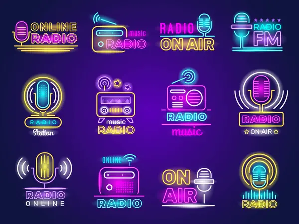 Radyo Neon Renkli Logo Müzik Yayını Stüdyo Amblemi Canlı Yayın — Stok Vektör