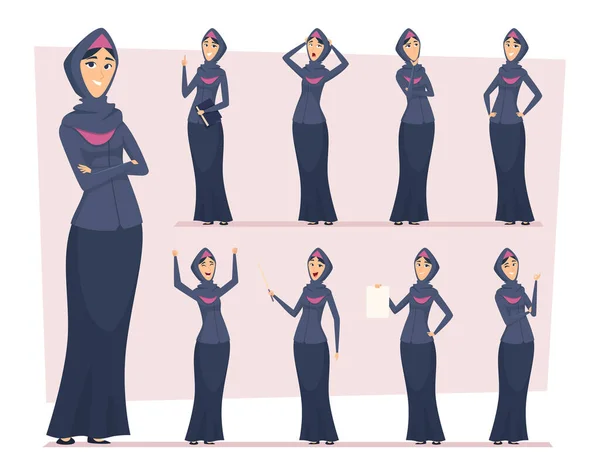 Arabic woman. Saudi muslim business girls in various characters ethnic east vector people. Muslim woman character, saudi cartoon business girl illustration