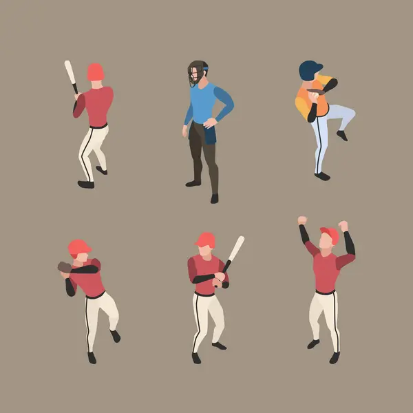Jugadores Béisbol Sport People Running Bases Pitcher Baseball Vector Characters — Archivo Imágenes Vectoriales