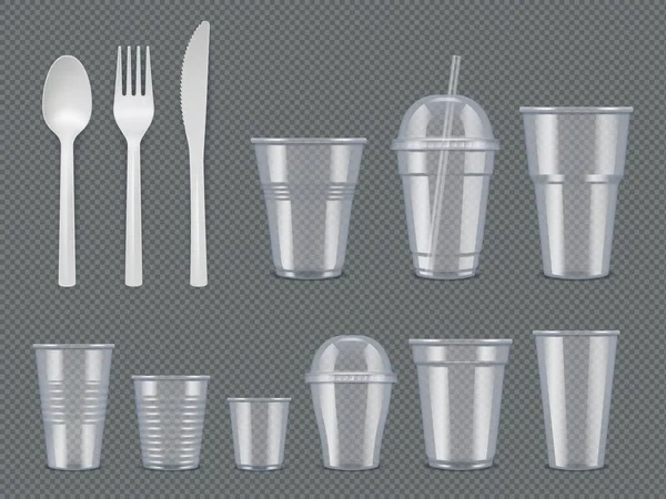 Disposable Utensils Plastic Tableware Knives Forks Spoons Glasses Cups Vector — Stock Vector