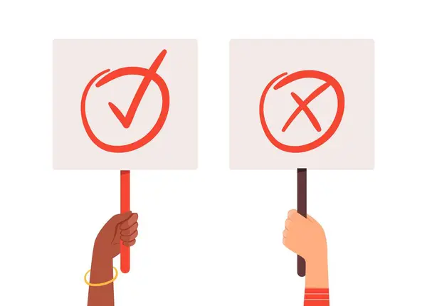 Inga Banderoller Händerna Håller Val Kontrollskyltar Positiva Eller Negativa Affischer — Stock vektor