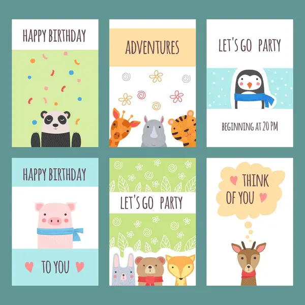 かわいい動物のカード 赤ちゃん野生動物の子供たちとデザインテンプレートシャワーラベルポスタープラカードベクトル 赤ちゃんの誕生日のお祝いへのイラスト招待カード — ストックベクタ