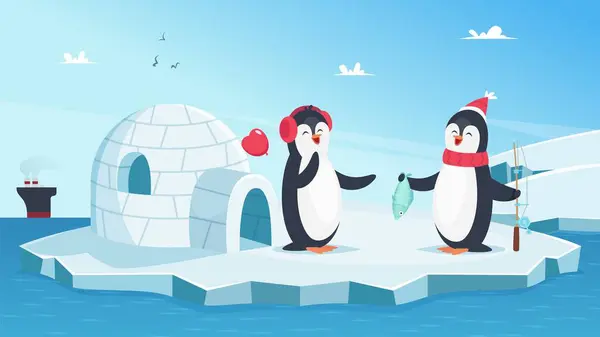 Carini Pinguini Innamorati Animali Invernali Natale Pinguini Dei Cartoni Animati — Vettoriale Stock