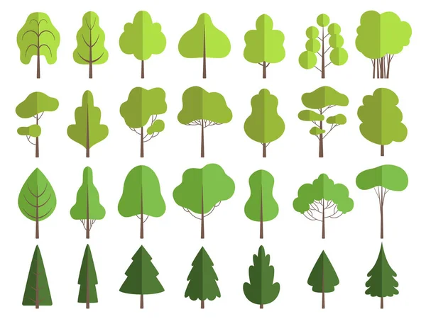 Плоские Зеленые Деревья Природные Растения Чистые Формы Формирования Векторного Сбора — стоковый вектор