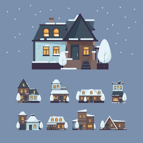 Maisons Gelées Bâtiments Hiver Noël Avec Calotte Neige Flocons Neige — Image vectorielle