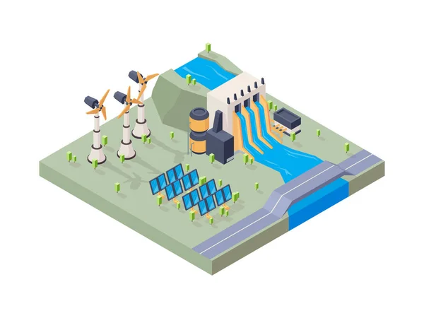 Usine Hydroélectrique Installation Solaire Eau Éco Industrie Géothermique Vecteur Énergie — Image vectorielle