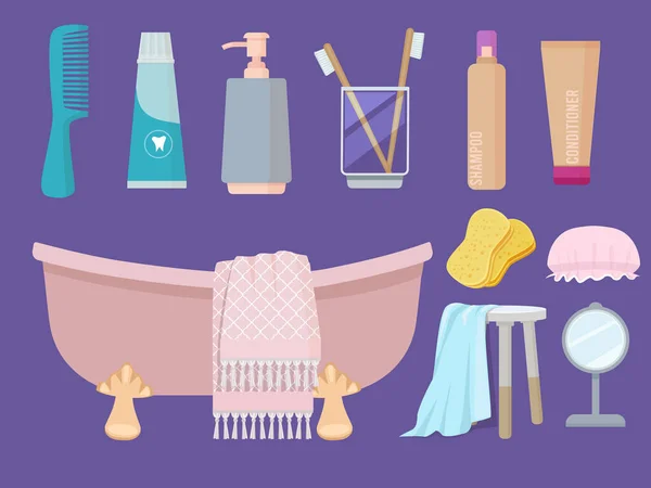 Hygiene Items Body Care Gel Soap Sink Brush Towel Sponge — Stock Vector