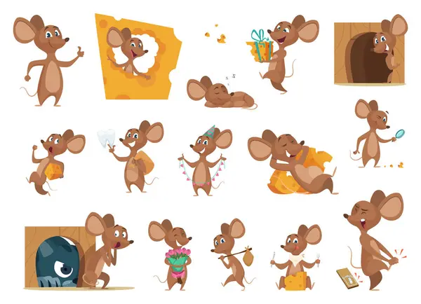 Mouse Cartoon Small Mice Action Poses Lab Animals Friendly Mascot — Stock vektor