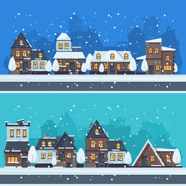 Зимний Город Снега Городской Пейзаж Рождественским Сезоном Домов Отдыха Зданий — стоковый вектор