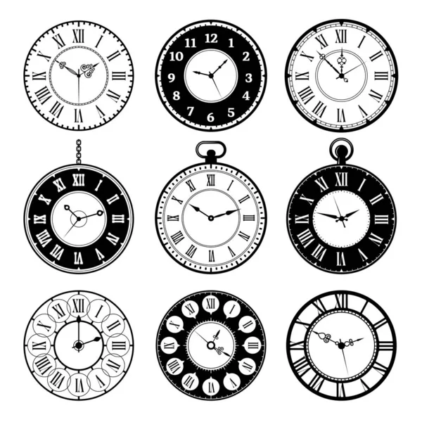 复古时钟 古罗马老式圆形手表收集矢量图片集 老掉牙的老掉牙的罗马手表 — 图库矢量图片#