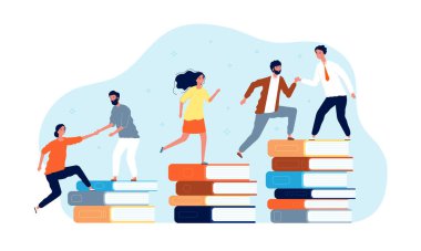 Tırmanma kitapları. Kütüphanedeki insanlar en üstte. Eğitim vektörü konsepti. En iyi kitap eğitimi, bilgi başarısı, illüstrasyon öğrencisi