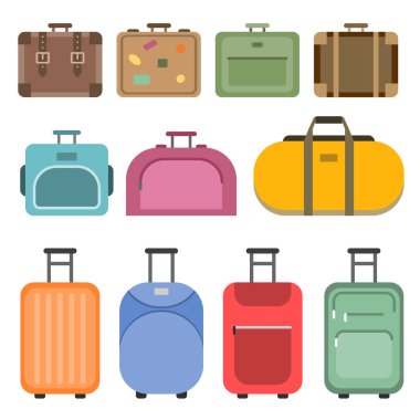Different handle bags and travel suitcases. Pictures in flat style. Set of colored luggage and suitcase, baggage and bag for trip and tourism. Vector illustration clipart