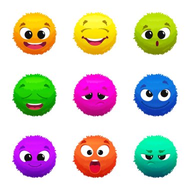 Komik renkli kürklü emoticons. Çizgi film karakterleri ile farklı duygular. Tüylü komik gülümseme maskot koleksiyonu illüstrasyon