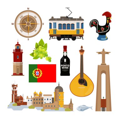 Portekiz Lissabon tarihsel sembollerin. Düz stil vektör Icon set. Portekizce Simgesel Yapı, deniz feneri ve müzik aleti, taşıma tramvay ve mimari çizim