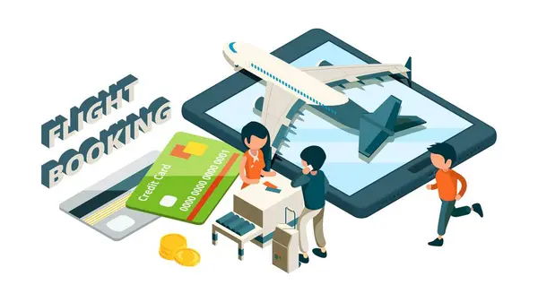 Flight Booking Buying Tickets Online Isometric Concept Vector Front Desk — Stock Vector