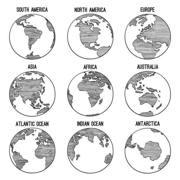 Erdkugel Doodle Planet Skizzierte Karte Amerika Indien Afrika Kontinente Vektor — Stockvektor
