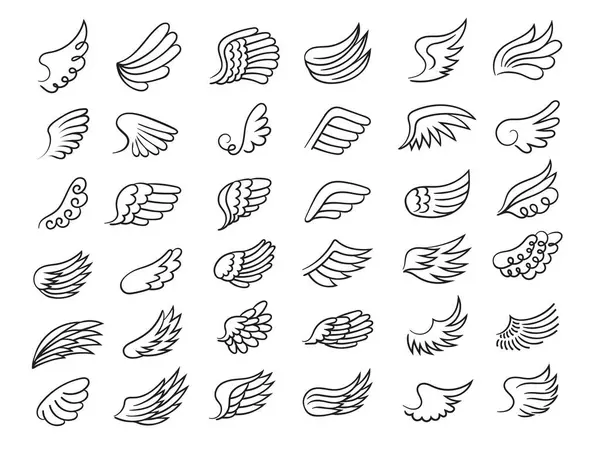 Tüy Kanatları Özgürlük Sembolleri Uçan Elementler Kuşların Meleklerin Süslemeli Kanatları — Stok Vektör