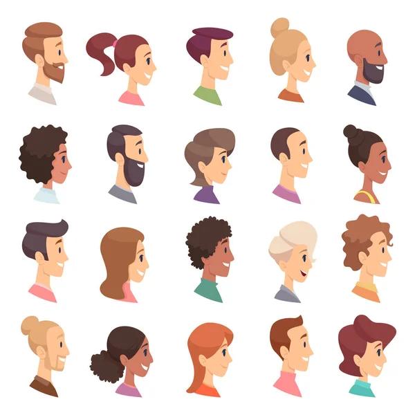 Faces profile. Avatars people expression simple heads male and female vector persons cartoon illustrations. Profile male and female, people face user happy