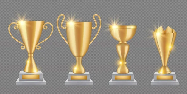 Золотой Кубок Настоящая Коллекция Золотых Кубков Сияющие Трофеи Изолированы Прозрачном — стоковый вектор