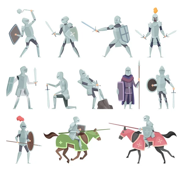 Knights Medieval Battle Armor Characters Crusaders Historical Battle Mascots Vector — Stock Vector