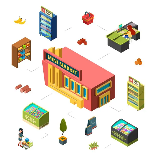 Mini Tržní Koncept Izometrické Vektorové Ilustrace Obchodu Potravinami Budování Trhu — Stockový vektor