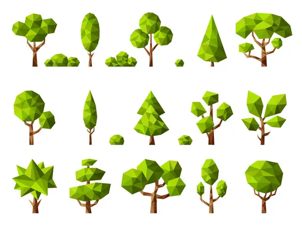 Plantas Baixo Poli Desenhos Animados Geométricos Árvores Estilizadas Verde Natureza — Vetor de Stock