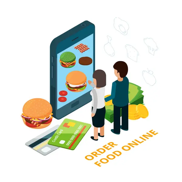 Order Food Online Isometric Vector Illustration Man Woman Choose Food — Stock vektor