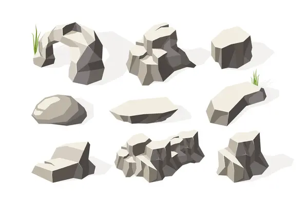 Stenen Isometrisch Gebroken Architectuur Rotsen Minerale Elementen Stenen Oppervlak Vector — Stockvector