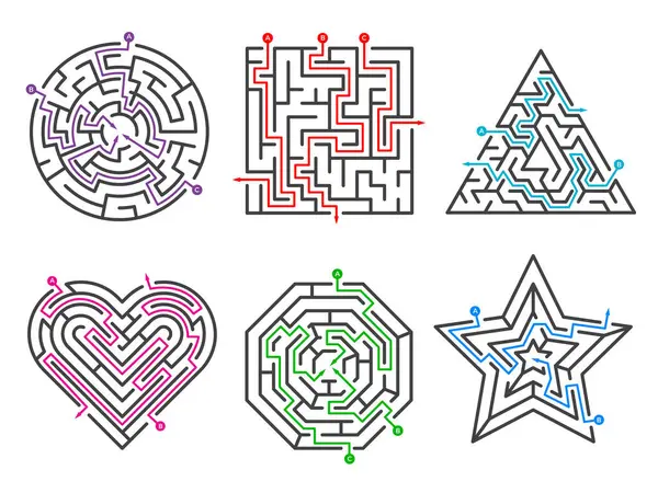 Labyrinthe Jeu Labyrinthe Collections Diverses Formes Avec Nombreuses Portes Entrée — Image vectorielle