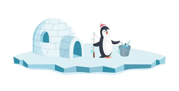 Buona Pesca Pinguino Pinguino Natale Ghiaccio Secchio Illustrazione Vettoriale Pesce — Vettoriale Stock