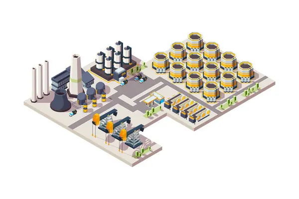 Olie Fabriek Gas Industriële Bouwtanks Apparatuur Chemische Raffinaderijen Installaties Vector — Stockvector