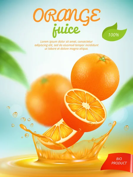 果汁标语牌 在液体飞溅载体模板中用橙色新鲜水果片做广告横幅 果汁橙横幅 饮料液 水果鲜饮图解 — 图库矢量图片