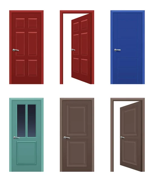 Portas Realistas Portas Entrada Apartamento Abertas Fechadas Diferentes Cores Imagens —  Vetores de Stock